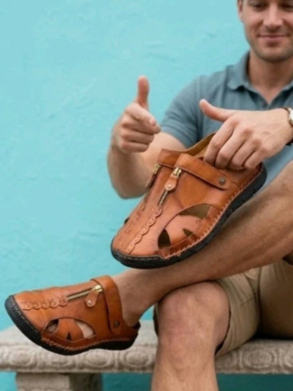 NEW Men's Leather Slip-on Sandals Hand-Stitched Size 11.5 Brown